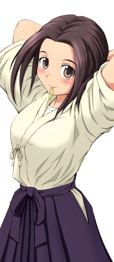 00s, 1girl, adjusting_hair, arima_nana, brown_eyes, brown_hair, female_focus, hairdressing, hakama, hakama_skirt, japanese_clothes, kendo, maria-sama_ga_miteru, mouth_hold, rubber_band, sasaki_akira_(ugc), simple_background, skirt, solo, white_background