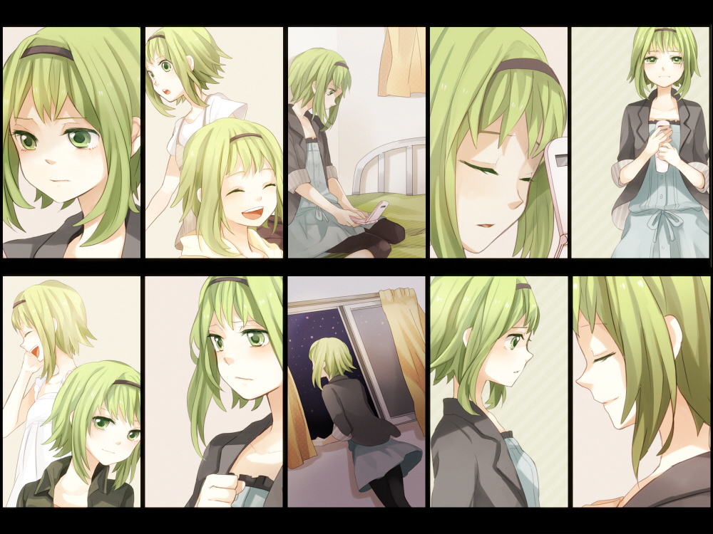 1girl, aitai_(vocaloid), bed, casual, cellphone, closed_eyes, green_eyes, green_hair, gumi, hairband, phone, short_hair, tama_(songe), vocaloid, window