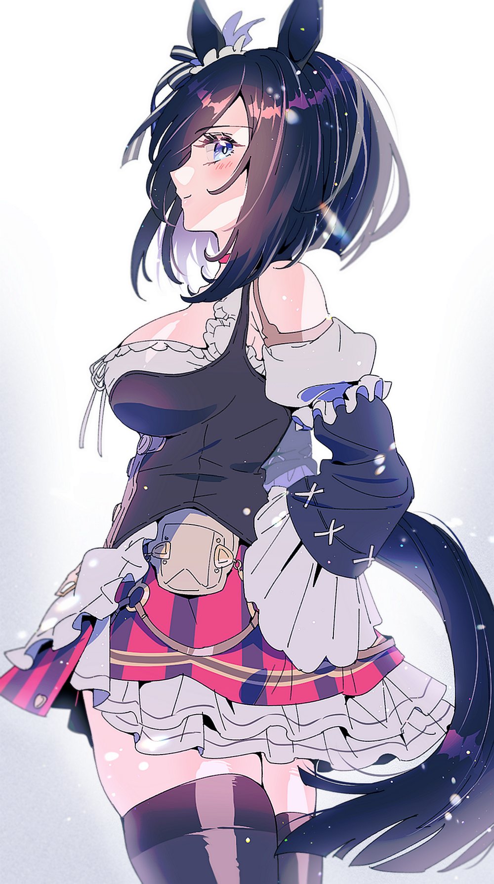 1girl, animal_ears, black_thighhighs, blue_eyes, blush, bodice, breasts, choker