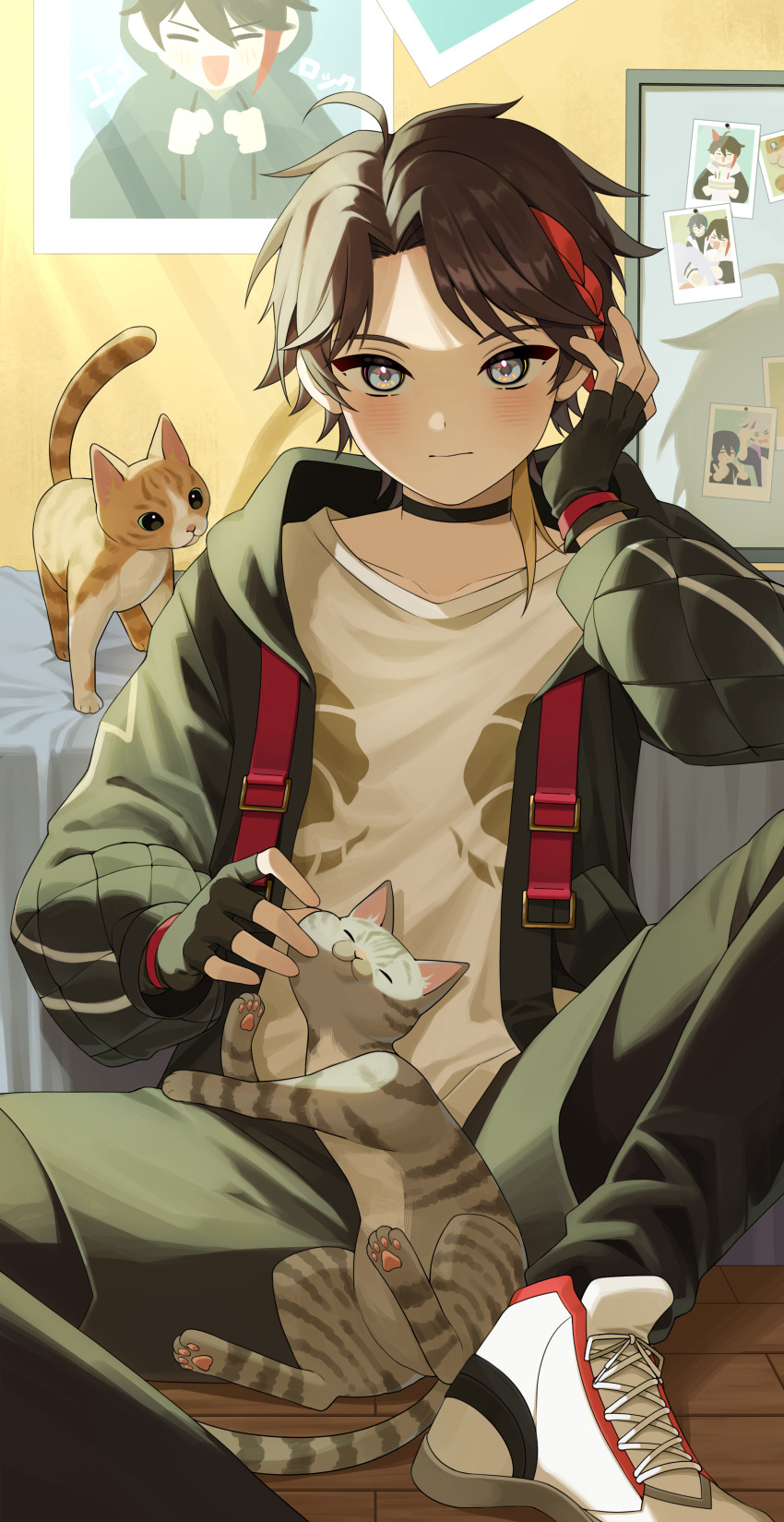 1boy, absurdres, ahoge, bed, bed_sheet, black_choker, black_gloves, black_hair