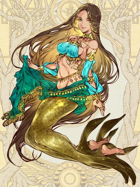 1girl, barefoot, breasts, brown_hair, dairoku_ryouhei, full_body, glint, glowing, glowing_hair, green_eyes, ishara_jamil, jewelry, kirsche_(tw), medium_breasts, multiple_rings, navel, ring, skirt, solo, toned, yellow_background, yellow_skirt