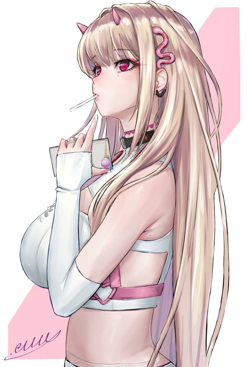 1girl, aqua_nails, bare_shoulders, black_choker, blush, breasts, candy, cellphone