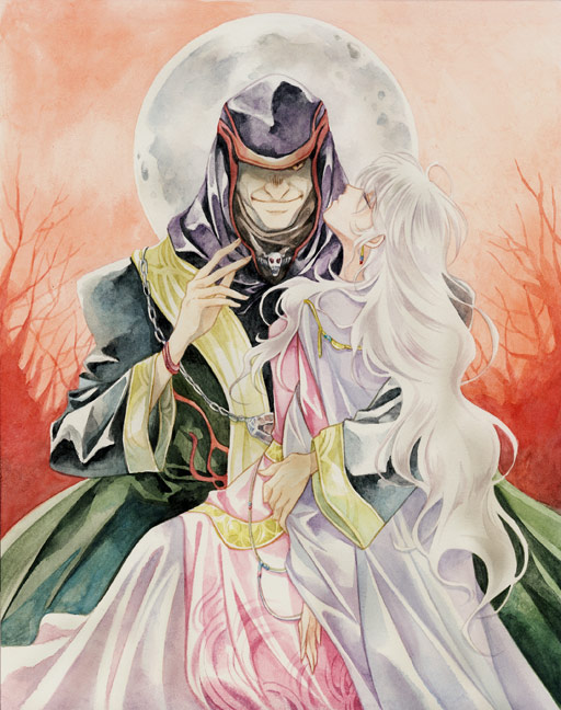 1boy, 1girl, agahari, arm_around_another's_waist, cape, circlet, cloak, closed_eyes, deirdre_(fire_emblem), dress, fire_emblem, fire_emblem:_genealogy_of_the_holy_war, full_moon, hood, looking_at_viewer, manfroy_(fire_emblem), moon, nintendo, red_eyes, smile, unconscious