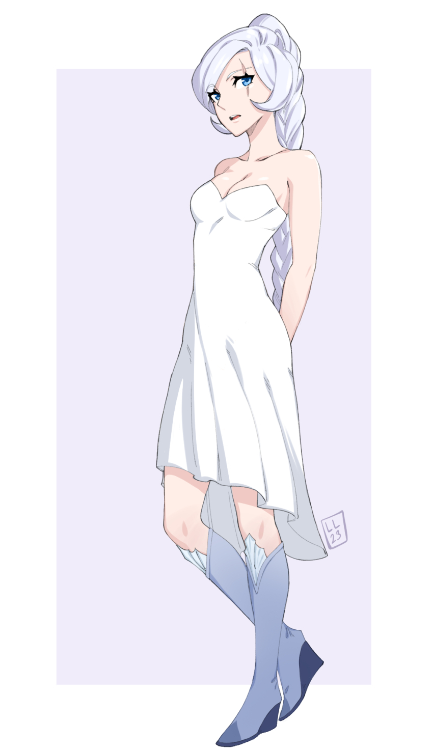 1girl, arms_behind_back, artist_name, blue_eyes, blue_footwear, braid, braided_ponytail, breasts, cleavage, dress, highres, knees, levilagann, long_hair, medium_breasts, ponytail, purple_background, rwby, scar, scar_across_eye, scar_on_face, solo, strapless, strapless_dress, weiss_schnee, white_dress