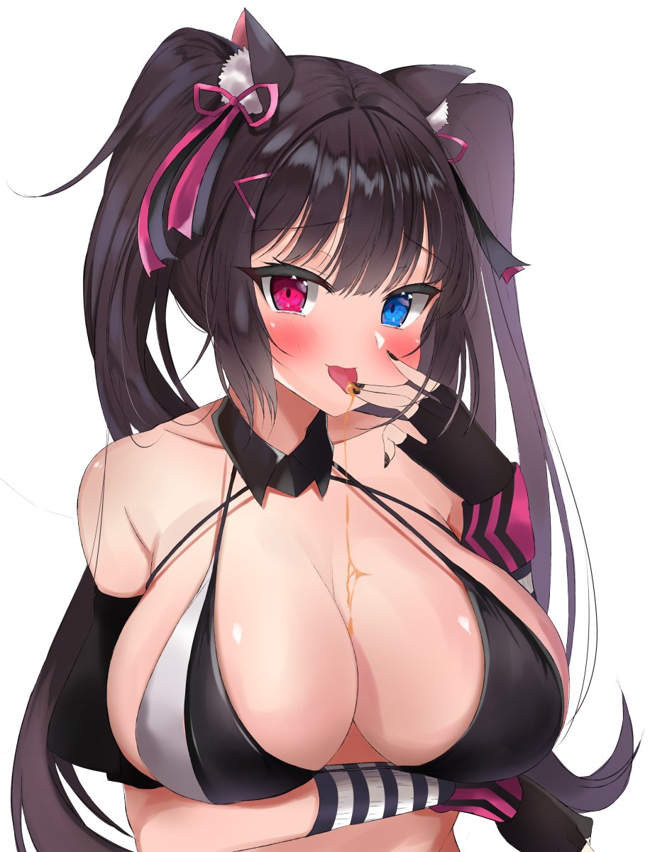 1girl, animal_ears, arm_under_breasts, arm_up, bikini, black_bikini, black_gloves, blue_eyes