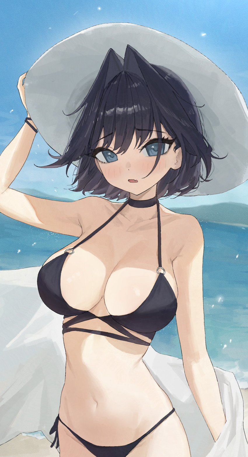 1girl, absurdres, alternate_costume, arch_05x, arm_up, bare_shoulders, bikini, black_bikini