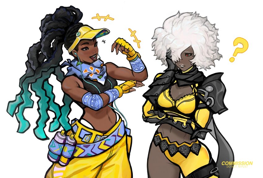 2girls, ?, absurdres, afro, alternate_color, alternate_costume, arm_armor, armor, baggy_pants, bandana, bandana_around_neck, bare_shoulders, belly, belt, black_hair, black_shirt, blue_hair, blue_scarf, bra, breasts, cleavage, colored_tips, commission, crop_top, crossover, dark-skinned_female, dark_skin, dreadlocks, earbuds, earphones, fingerless_gloves, gloves, hand_on_own_face, happy, highres, kimberly_jackson, long_hair, medium_breasts, midriff, multicolored_hair, multiple_girls, navel, no_more_heroes, official_alternate_color, one_eye_covered, pants, peter_chai, red_eyes, scarf, shinobu_jacobs, shirt, shoulder_armor, simple_background, smile, spray_can, street_fighter, street_fighter_6, two-tone_hair, underwear, white_background, white_hair, yellow_headwear, yellow_pants