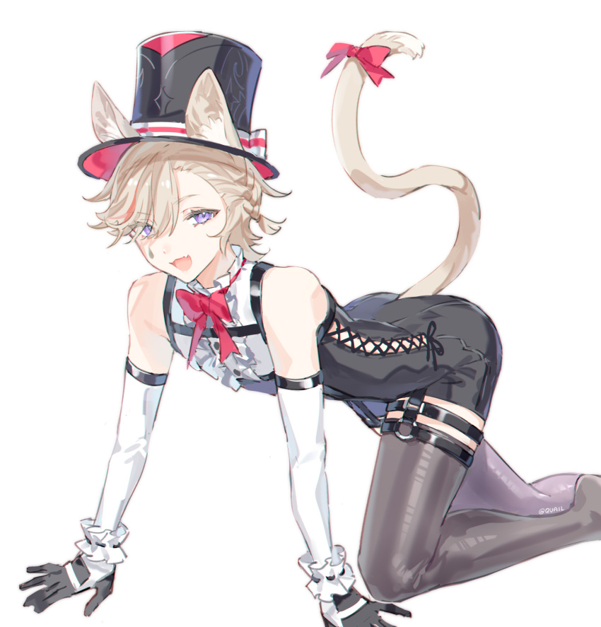 1boy, :d, all_fours, anchun_(quail0503), animal_ears, asymmetrical_bangs, bare_shoulders, black_gloves