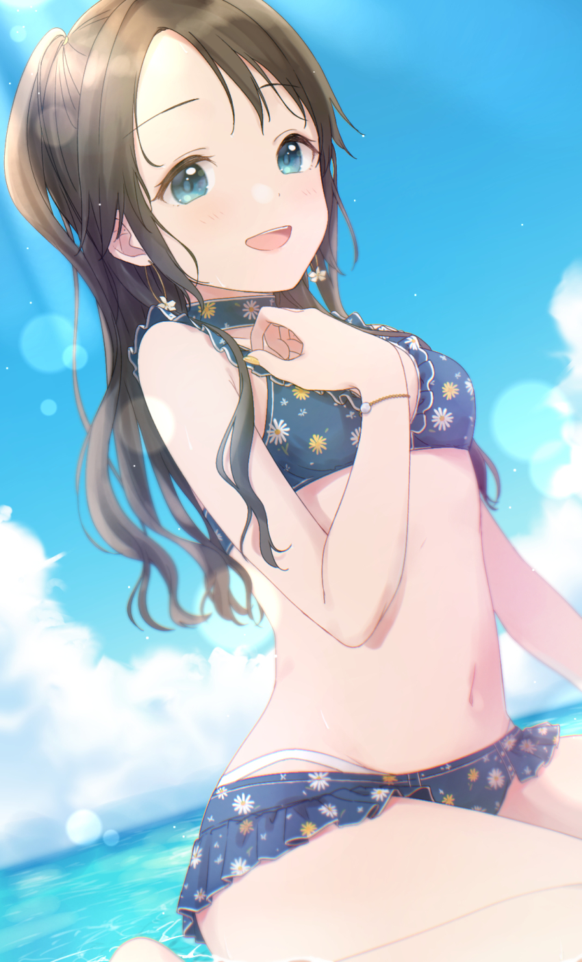 1girl, bare_shoulders, bikini, black_hair, blue_bikini, blue_eyes, blue_sky, blurry, blurry_background, blush, bow, breasts, cloud, collarbone, day, dot_nose, earrings, floral_print, frilled_bikini, frills, hair_bow, hand_up, highres, hoop_earrings, idolmaster, idolmaster_shiny_colors, jewelry, lens_flare, long_hair, looking_at_viewer, mitsumine_yuika, navel, no_eyewear, ocean, open_mouth, outdoors, pachiko, print_bikini, sitting, sky, small_breasts, smile, solo, sunlight, swimsuit, twintails, wariza, wet, yellow_bow
