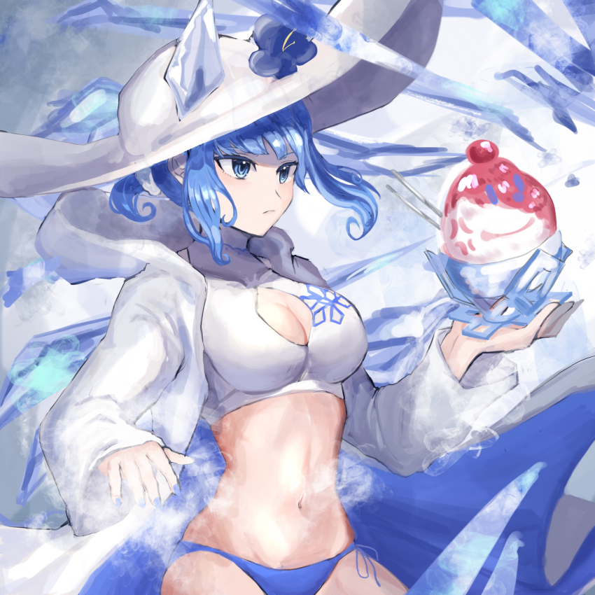 1girl, animal_ears, bikini, blue_bikini, blue_eyes, blue_hair, blue_nails, bowl, cherry, closed_mouth, expressionless, fire_emblem, fire_emblem_heroes, flower, food, fruit, hair_flower, hair_ornament, highres, holding, holding_bowl, jacket, leon0630claude, long_hair, long_sleeves, nail_polish, nifl_(fire_emblem), nifl_(summer)_(fire_emblem), nintendo, shaved_ice, snow, solo, swimsuit, upper_body, white_headwear, white_jacket
