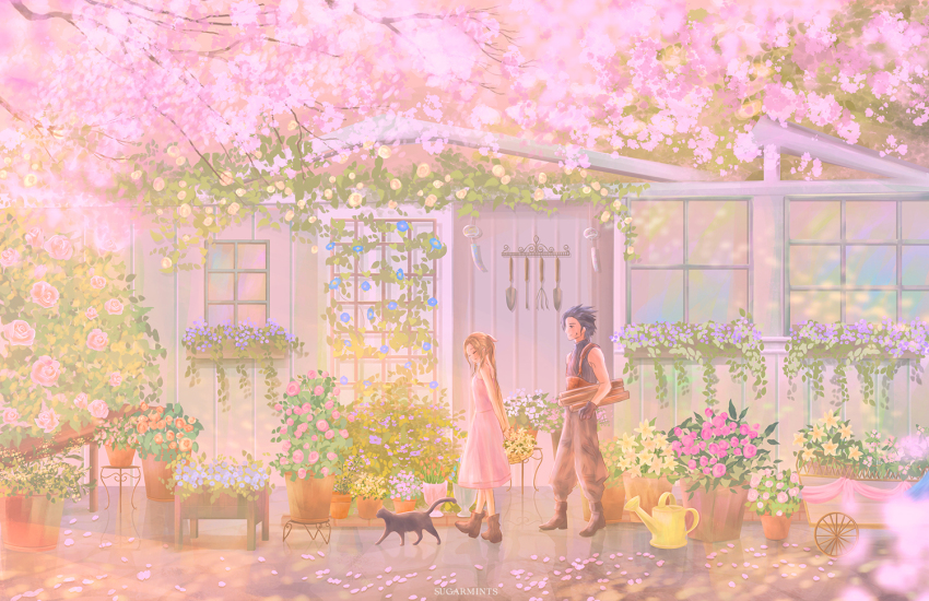 1boy, 1girl, aerith_gainsborough, animal, artist_name, bare_shoulders, basket, black_cat