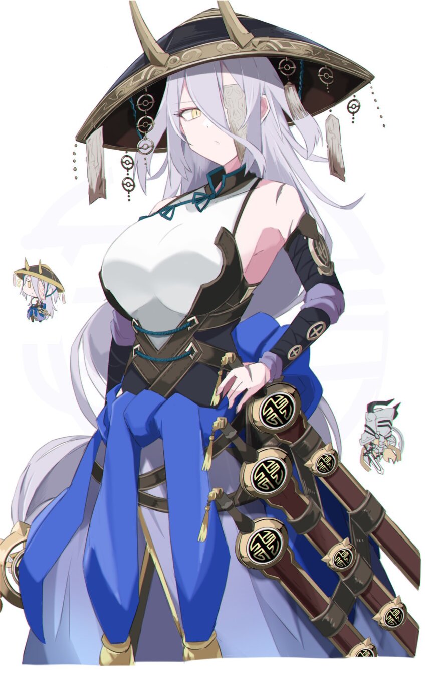 1girl, bare_shoulders, breasts, detached_sleeves, dogmatika_fleurdelis_the_knighted, duel_monster, fake_horns, fleurdelis_(yu-gi-oh!)