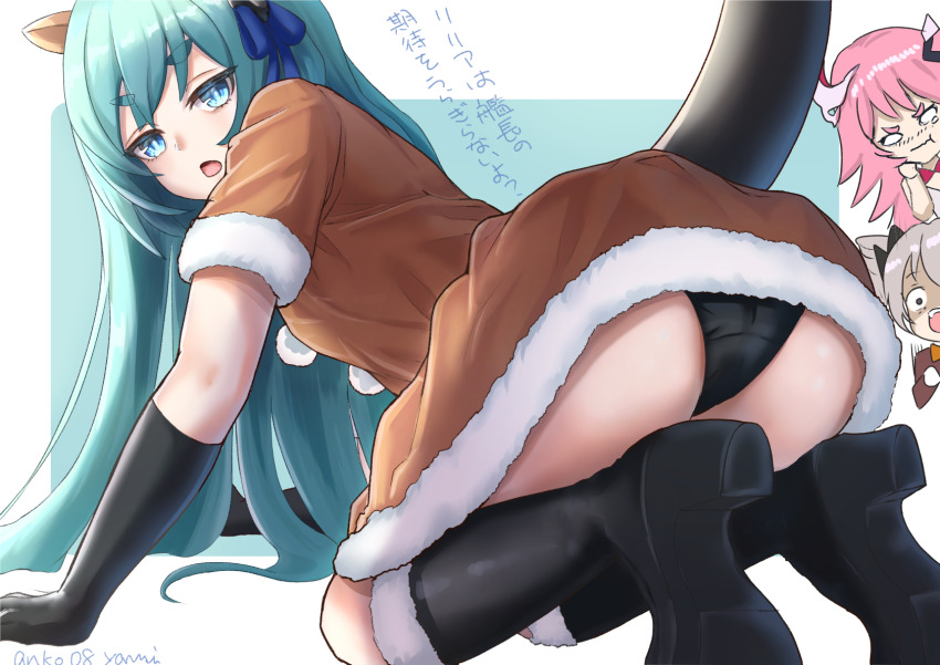 3girls, :o, :t, all_fours, animal_ears, ass, ass_focus, black_bow, black_footwear, black_gloves, black_panties, blue_background, blue_eyes, blue_hair, boots, border, bow, bowtie, bronya_zaychik, bronya_zaychik_(wolf's_dawn), brown_dress, brown_jacket, cat_ears, dress, fake_animal_ears, gloves, grey_eyes, grey_hair, hair_bow, headband, high_heel_boots, high_heels, highres, honkai_(series), honkai_impact_3rd, horns, jacket, liliya_olenyeva, long_hair, looking_at_viewer, looking_back, multiple_girls, o_o, open_mouth, orange_bow, orange_bowtie, panties, pink_hair, rozaliya_olenyeva, shoe_soles, siblings, single_horn, tail, thigh_boots, twins, underwear, white_border, yami_anko
