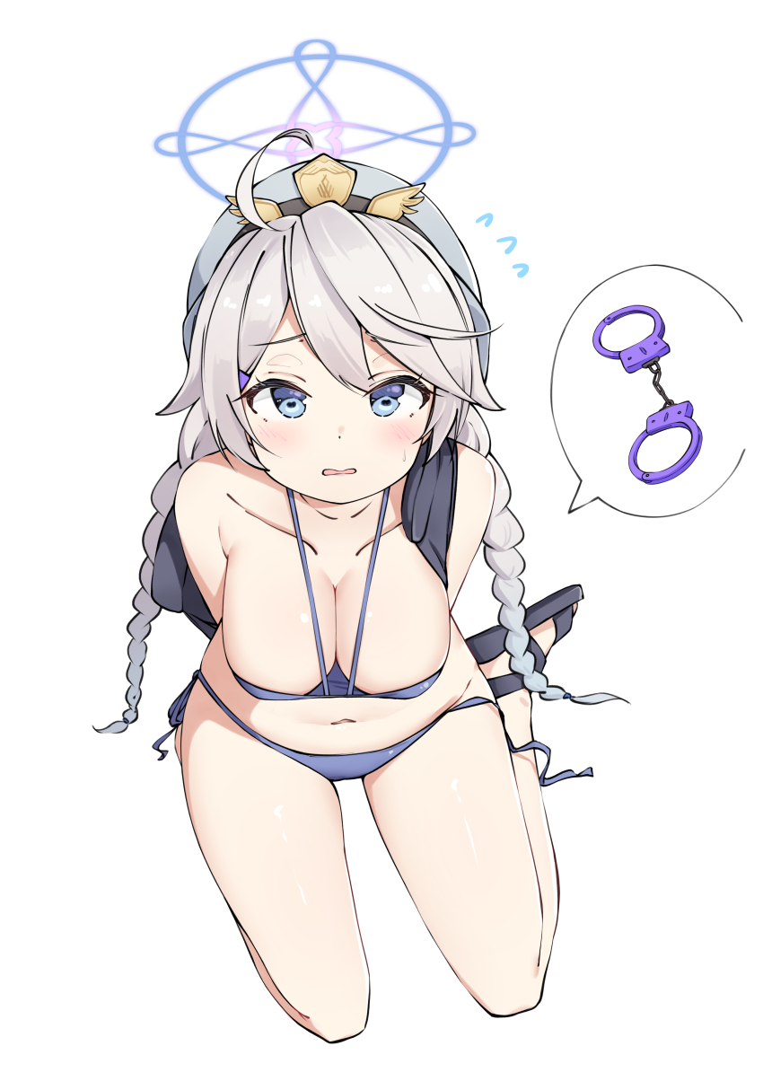 1girl, absurdres, arms_behind_back, bikini, blue_archive, blue_bikini, blue_eyes, blush, braid, breasts, cleavage, cosplay, cuffs, flying_sweatdrops, gradient_hair, grey_hair, halo, handcuffs, hat, highres, kirino_(blue_archive), komasi, large_breasts, long_hair, looking_at_viewer, multicolored_hair, navel, side-tie_bikini_bottom, simple_background, sitting, solo, sweat, swimsuit, twin_braids, valkyrie_police_academy_student_(blue_archive)_(cosplay), white_background