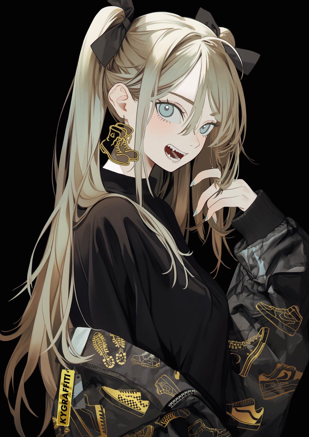 1girl, ahoge, black_background, black_bow, black_jacket, black_shirt, blonde_hair, blue_eyes