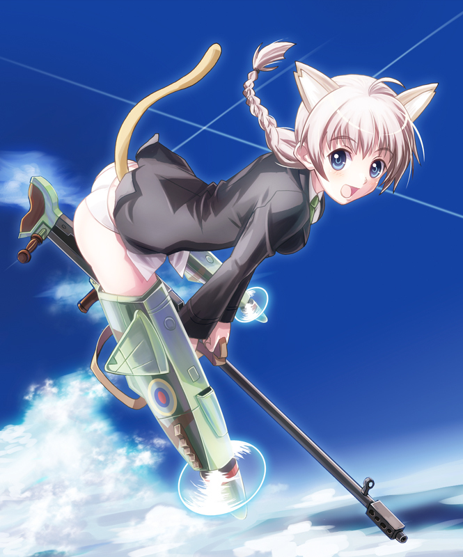 1girl, animal_ears, ass, blonde_hair, blue_eyes, braid, cat_ears, cat_tail