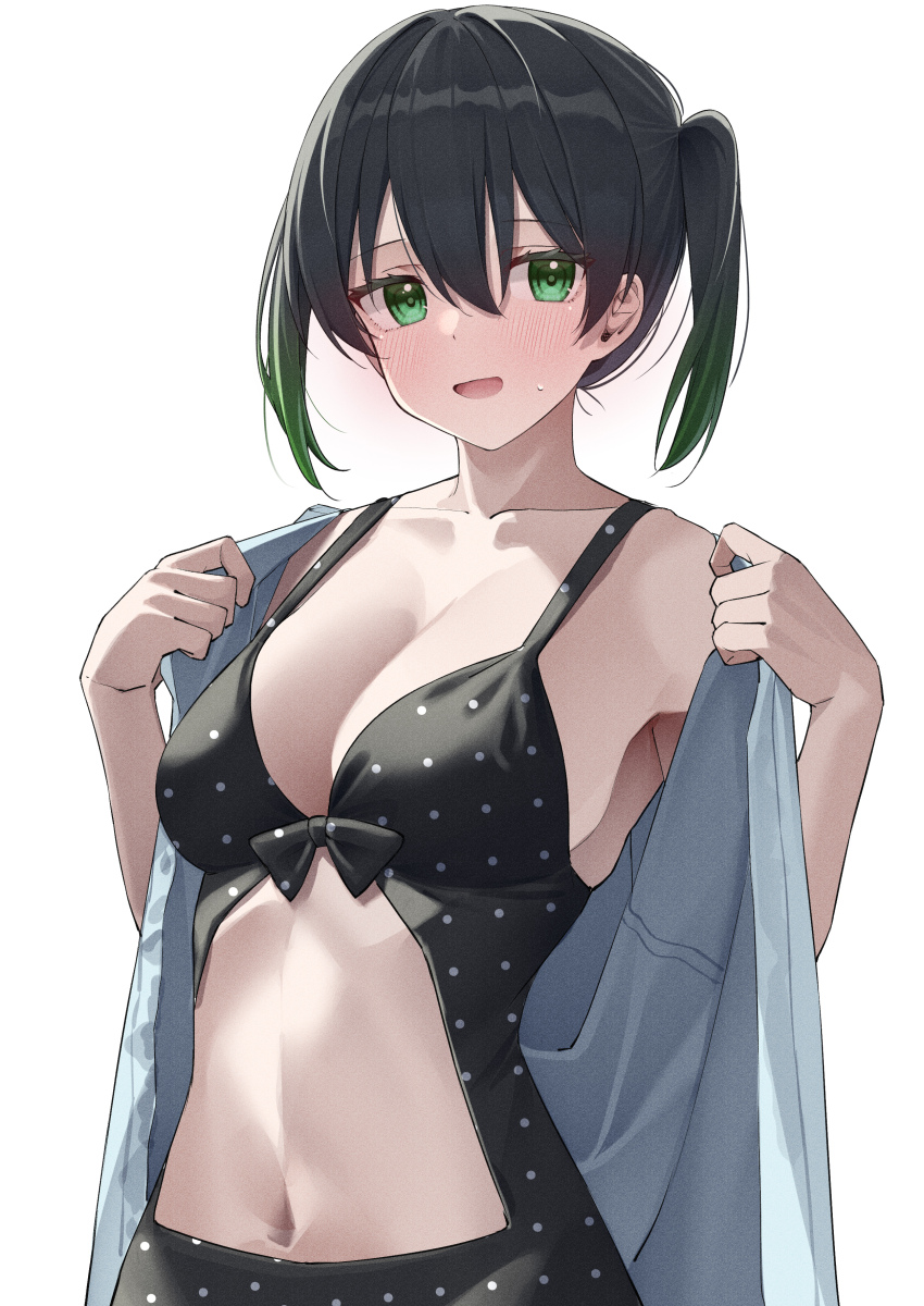 1girl, absurdres, black_hair, black_one-piece_swimsuit, breasts, changing_clothes, cleavage, clothing_cutout