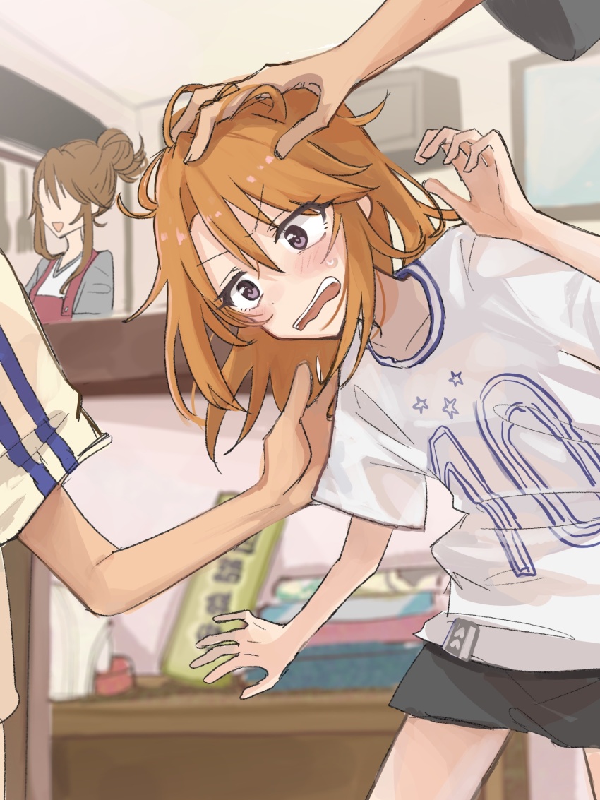 2boys, 2girls, black_shorts, blush, collarbone, faceless, faceless_female, family