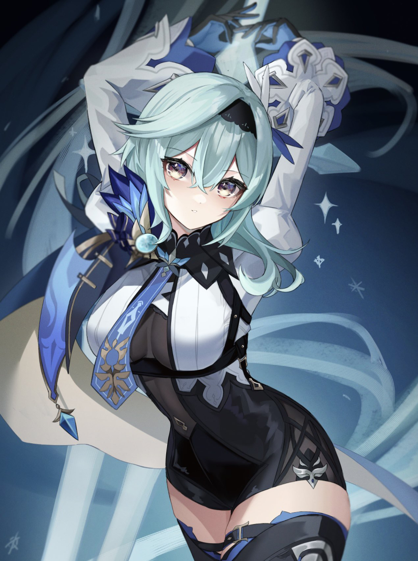 1girl, arms_up, black_hairband, blue_cape, blue_gloves, blue_hair, blue_necktie, boots