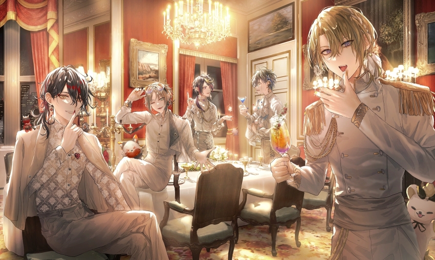 5boys, :d, ;d, adjusting_eyewear, aiguillette, alternate_costume, aqua_eyes, armchair