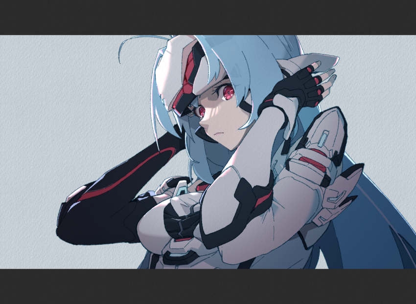 1girl, android, armored_leotard, blue_hair, fingerless_gloves, forehead_protector, gloves, hands_on_own_head