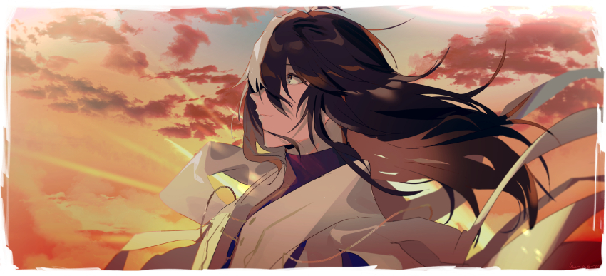 1boy, black_eyes, black_hair, black_shirt, border, fading_border, fate/grand_order, fate_(series)