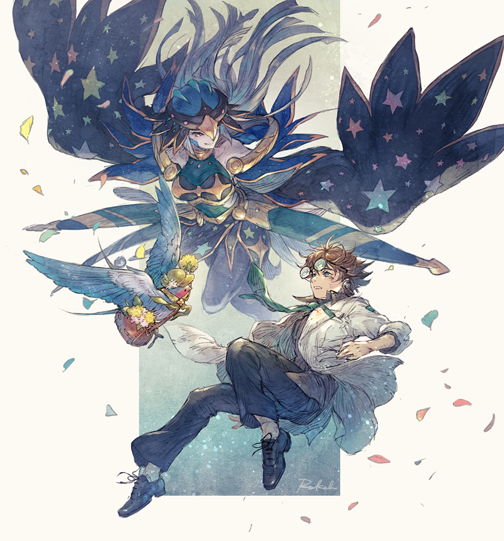 1boy, 1girl, bare_shoulders, basket, bird, black_pants, breasts, bruise, bruise_on_face, character_request, colored_skin, duel_monster, flying, full_body, glasses, green_necktie, grey_hair, grin, harpy, hashibi_rokou, hat, helmet, injury, lab_coat, large_breasts, long_hair, lyrilusc_-_recital_starling, monster_girl, necktie, outstretched_arms, pants, purple_skin, red_eyes, shoes, signature, smile, spread_arms, spyral_quik-fix, star_(symbol), star_print, winged_arms, wings, yu-gi-oh!