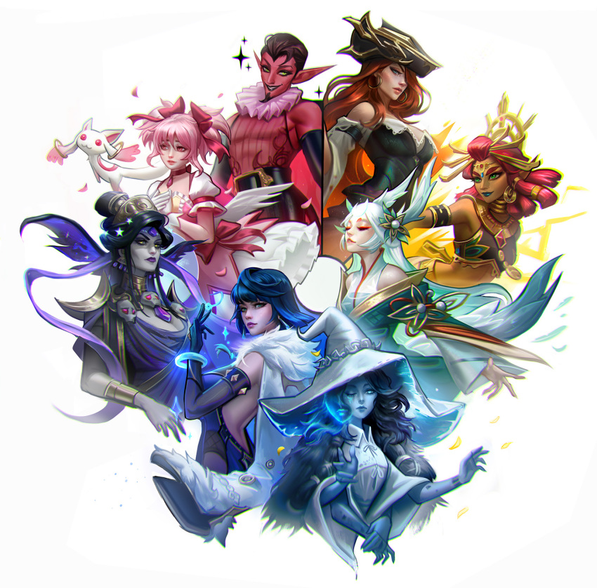 1boy, 1other, 6+girls, :3, ancient_greek_clothes, aqua_dress, aqua_eyes, bare_shoulders, black_gloves, black_hair, black_headwear, black_sclera, blue_hair, blue_lips, blue_skin, bob_cut, bow, bow_choker, bracelet, breasts, cape, china_dress, chinese_clothes, choker, cleavage, cloak, closed_eyes, color_connection, color_coordination, color_wheel, color_wheel_challenge, colored_sclera, colored_skin, crescent, crescent_hair_ornament, crossover, dark-skinned_female, dark_blue_hair, dark_skin, detached_sleeves, dice, doll_joints, dress, earrings, elbow_gloves, elden_ring, extra_arms, extra_faces, eyeliner, eyeshadow, feather-trimmed_jacket, forehead_jewel, frilled_skirt, frills, fur-trimmed_jacket, fur_cape, fur_cloak, fur_trim, gem, genshin_impact, gerudo, gloves, glowing, glowing_tattoo, greco-roman_clothes, green_eyes, grey_wings, hades_(series), hades_1, hair_bow, hair_ornament, hair_over_one_eye, hat, highres, him_(powerpuff_girls), holding, holding_dice, hoop_earrings, inaba_kaguya_hime, jacket, jacket_on_shoulders, jewelry, joints, kaname_madoka, kaname_madoka_(magical_girl), kyubey, large_breasts, large_hat, league_of_legends, long_hair, long_sleeves, looking_at_viewer, magical_girl, mahou_shoujo_madoka_magica, mahou_shoujo_madoka_magica_(anime), makeup, marie_magny, mature_female, miss_fortune_(league_of_legends), multiple_crossover, multiple_drawing_challenge, multiple_girls, neck_ring, nintendo, nyx_(hades), one_eye_closed, onmyoji, pale_skin, peacock_feathers, pink_bow, pink_dress, pink_eyes, pink_gem, pink_hair, pirate_hat, pointy_ears, powerpuff_girls, puffy_short_sleeves, puffy_sleeves, purple_eyeshadow, purple_lips, ranni_the_witch, red_choker, red_eyeliner, red_hair, red_lips, red_skin, riju, short_hair, short_sleeves, short_twintails, skirt, skull, skull_ornament, smile, tattoo, the_legend_of_zelda, the_legend_of_zelda:_breath_of_the_wild, twintails, very_long_hair, waist_cutout, white_dress, white_gloves, white_hair, white_headwear, white_jacket, white_skirt, white_sleeves, wide_sleeves, wings, witch, witch_hat, yelan_(genshin_impact), yellow_eyes