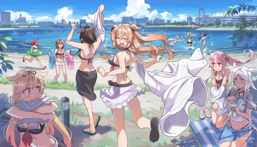 6+girls, :d, ahoge, beach, beach_towel, beach_volleyball, bikini, bikini_skirt