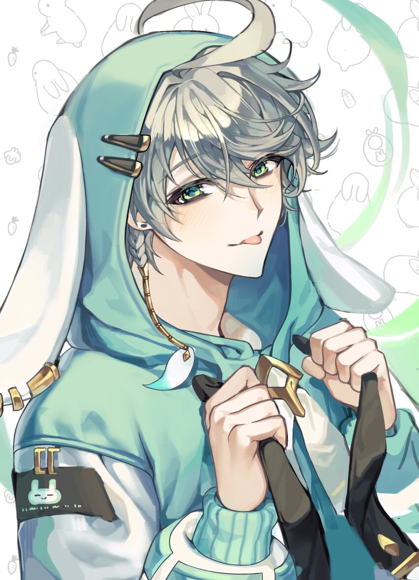 1boy, ahoge, ainchase_ishmael, animal_ears, animal_hood, earrings, elsword, fake_animal_ears, ged_s, green_eyes, green_hoodie, grey_background, grey_hair, highres, hood, hood_up, hoodie, jewelry, long_sleeves, male_focus, rabbit_background, rabbit_ears, short_hair, solo, stud_earrings, tongue, tongue_out