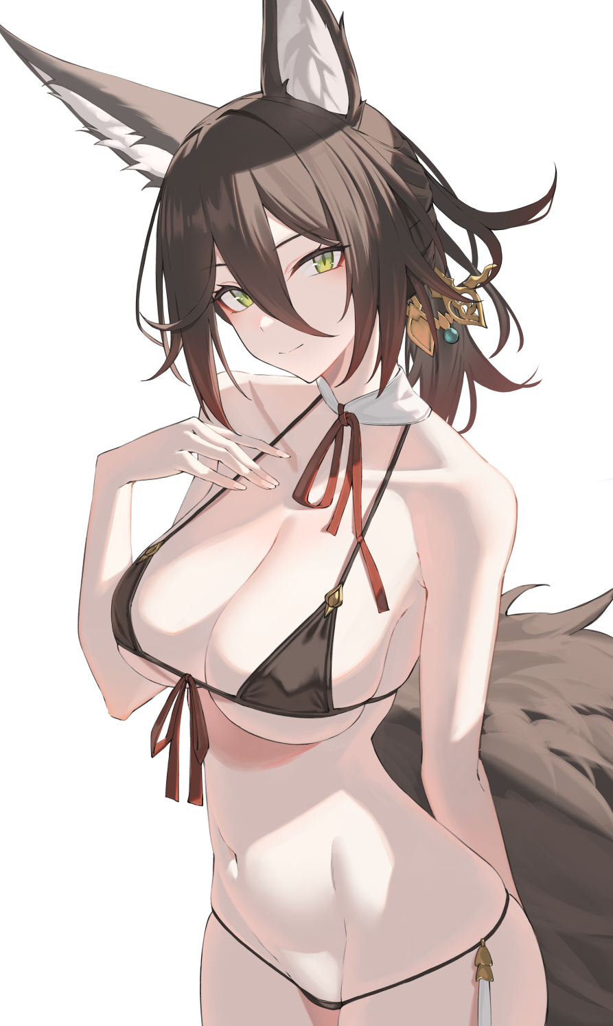 1girl, animal_ears, bare_arms, bare_shoulders, bikini, black_bikini, breasts, brown_hair