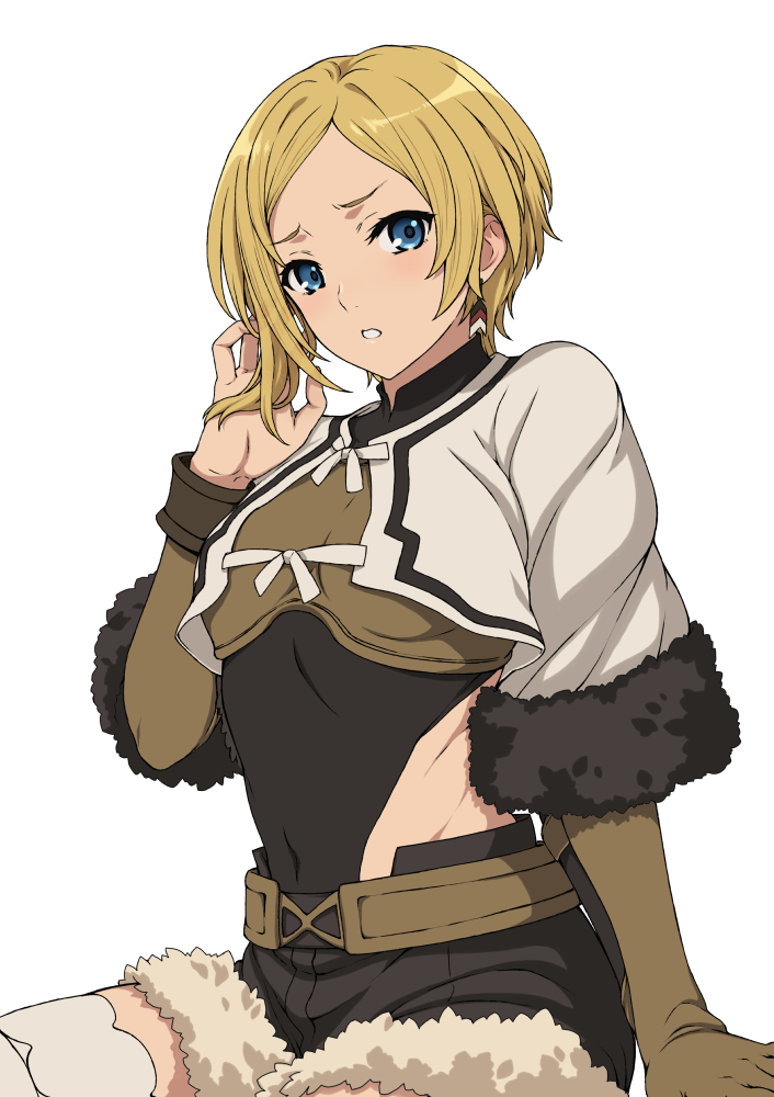 1girl, asymmetrical_hair, belt, black_leotard, blonde_hair, blue_eyes, breasts, crop_top