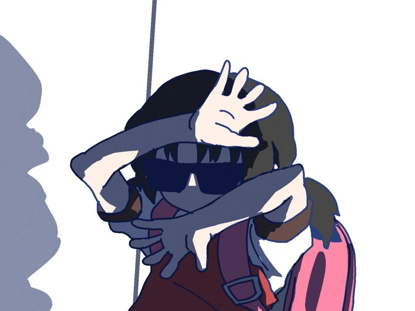 1girl, arm_up, backpack, bag, black_hair, covered_eyes, daisuke_(beatmania), dress