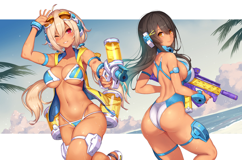2girls, ahoge, alternate_costume, alternate_hairstyle, ass, asura_archer_aoi, asura_ninja_aoi, beach, bikini, black_hair, blonde_hair, blush, breasts, brown_hair, competition_swimsuit, dark-skinned_female, dark_skin, day, eyewear_on_head, hand_up, highleg, highleg_swimsuit, holding, holding_water_gun, large_breasts, long_hair, looking_at_viewer, megami_device, multi-strapped_bikini, multicolored_swimsuit, multiple_girls, navel, nidy, one-piece_swimsuit, one_eye_closed, outdoors, palm_tree, red_eyes, sideboob, sky, smile, sunglasses, swimsuit, tan, thigh_strap, thighs, tree, twintails, two-tone_swimsuit, very_long_hair, water_gun, wet, wet_clothes, wet_swimsuit, yellow_eyes