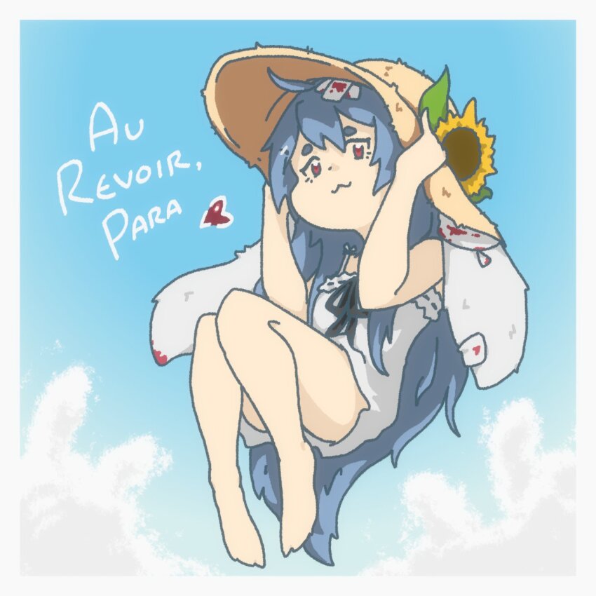 1girl, :3, ahoge, aomorii, bandages, black_ribbon, blood, blood_stain, blue_hair, border, cloud, convenient_censoring, dress, floating, flower, french_text, frilled_dress, frills, hat, highres, hikimayu, holding, holding_unworn_clothes, holding_unworn_hat, indie_virtual_youtuber, knees_together_feet_apart, long_hair, looking_at_viewer, para_(1st_costume)_(vtuber), para_(vtuber), red_eyes, ribbon, short_dress, spaghetti_strap, sun_hat, sunflower, thick_eyebrows, unworn_hat, unworn_headwear, very_long_hair, virtual_youtuber, white_border, white_dress