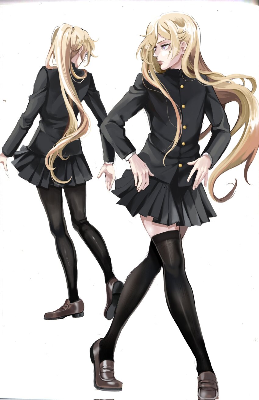 1boy, androgynous, ayukawa_ryuuji, black_jacket, black_pantyhose, black_skirt, black_thighhighs, blonde_hair