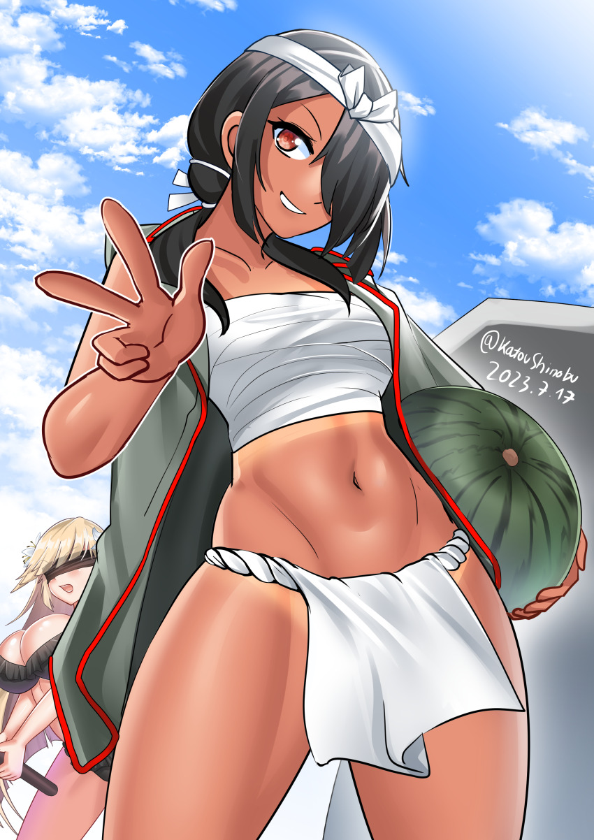 2girls, absurdres, bikini, black_bikini, blindfold, blonde_hair, blue_sky, brooklyn_(kancolle)