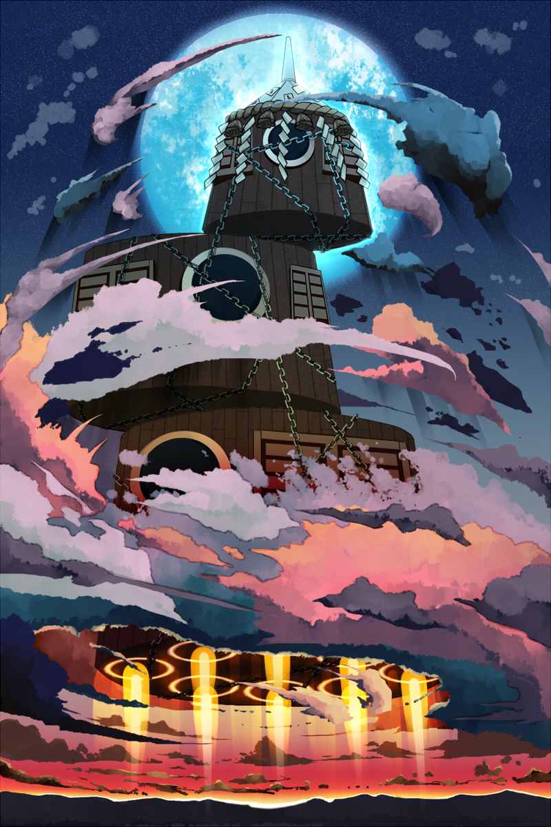 bad_id, bad_pixiv_id, chain, cloud, female_focus, flying, highres, moon, no_humans, rocket_ship, scenery, shinta_(artist), silent_sinner_in_blue, sky, spacecraft, still_life, tokoroten_(hmmuk), touhou, touhou_bougetsushou