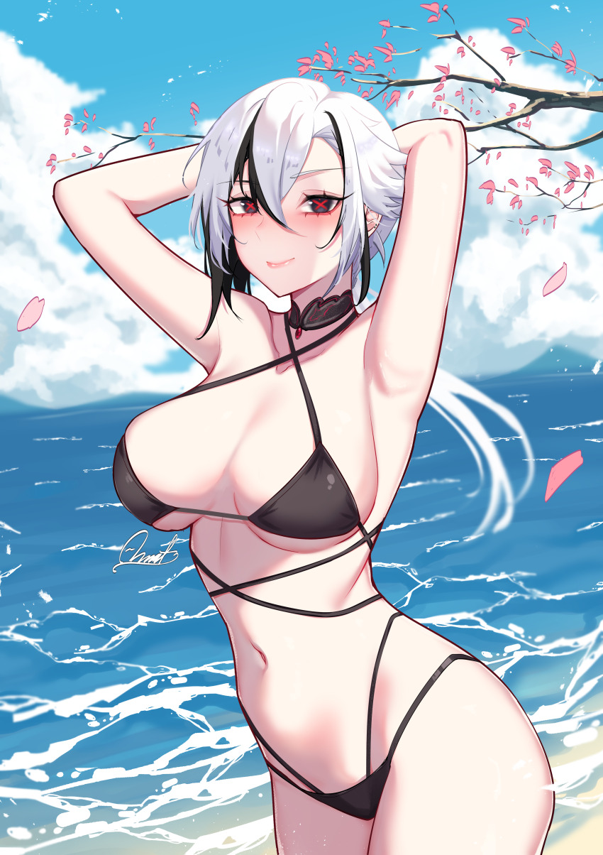 1girl, absurdres, anandaname, arlecchino_(genshin_impact), armpits, arms_behind_head, bikini, black_bikini