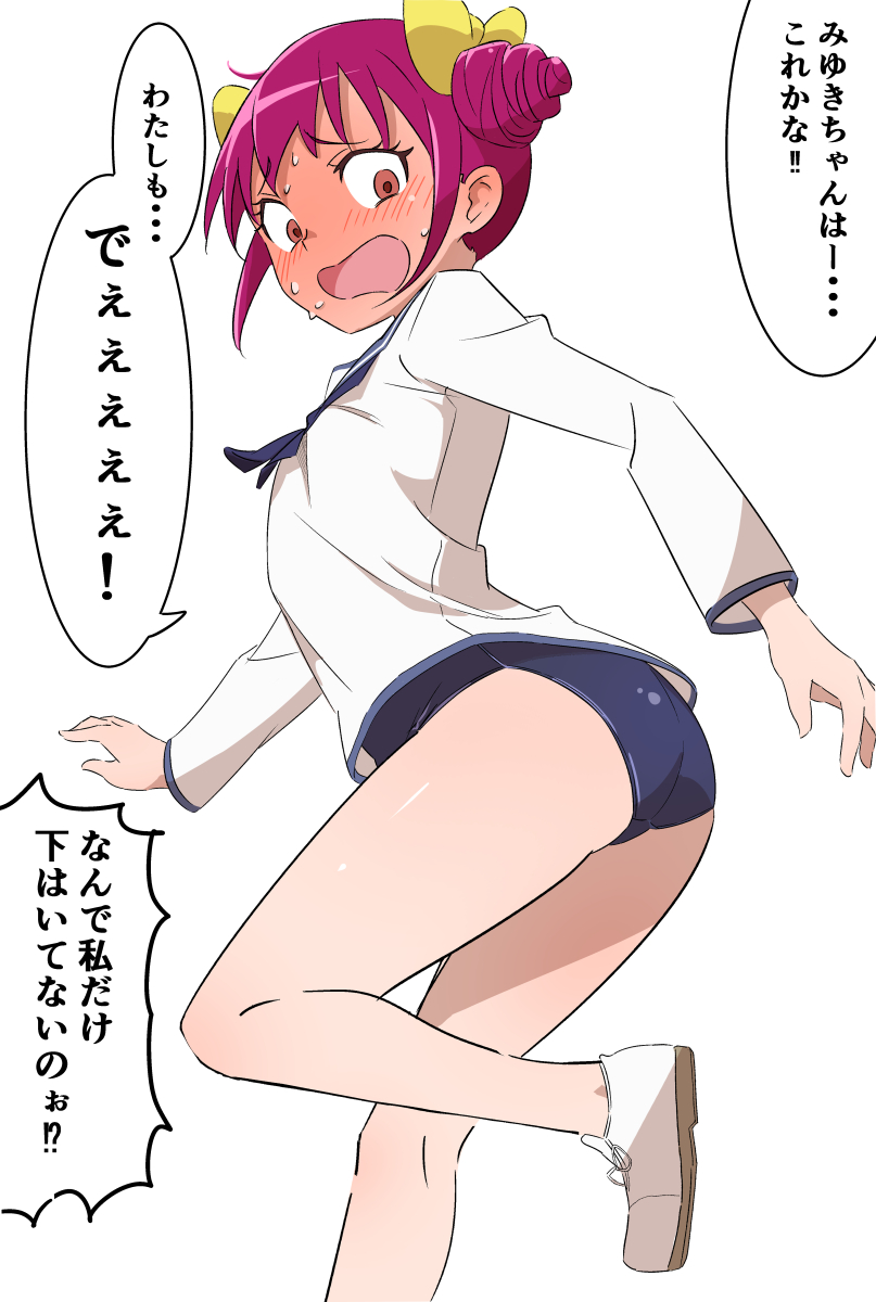 1girl, ankou_kyoudai, blue_neckerchief, blue_one-piece_swimsuit, blue_sailor_collar, blush, bow, brown_eyes, collared_shirt, cosplay, double_bun, embarrassed, hair_bow, hair_bun, highres, hoshizora_miyuki, leg_up, long_sleeves, miyafuji_yoshika, miyafuji_yoshika_(cosplay), neckerchief, one-piece_swimsuit, open_mouth, precure, red_hair, sailor_collar, sailor_shirt, school_swimsuit, shirt, simple_background, smile_precure!, solo, standing, standing_on_one_leg, strike_witches, sweatdrop, swimsuit, voice_actor_connection, wavy_mouth, white_background, white_footwear, white_shirt, world_witches_series, yellow_bow