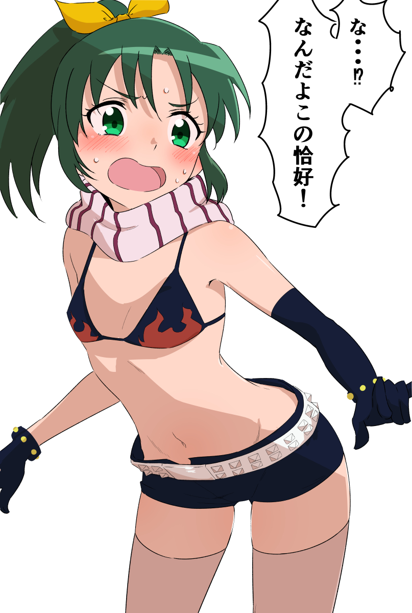 1girl, ankou_kyoudai, asymmetrical_gloves, belt, bikini, bikini_top_only, black_bikini, black_gloves, black_shorts, blush, bow, cosplay, elbow_gloves, flat_chest, floating_hair, gloves, green_eyes, green_hair, groin, hair_bow, highres, inoue_marina, leaning_forward, long_hair, midorikawa_nao, midriff, navel, open_mouth, ponytail, precure, scarf, short_shorts, shorts, smile_precure!, solo, stomach, striped_clothes, striped_scarf, sweatdrop, swimsuit, tengen_toppa_gurren_lagann, thighhighs, voice_actor_connection, white_background, white_belt, white_thighhighs, yellow_bow, yoko_littner, yoko_littner_(cosplay), zettai_ryouiki