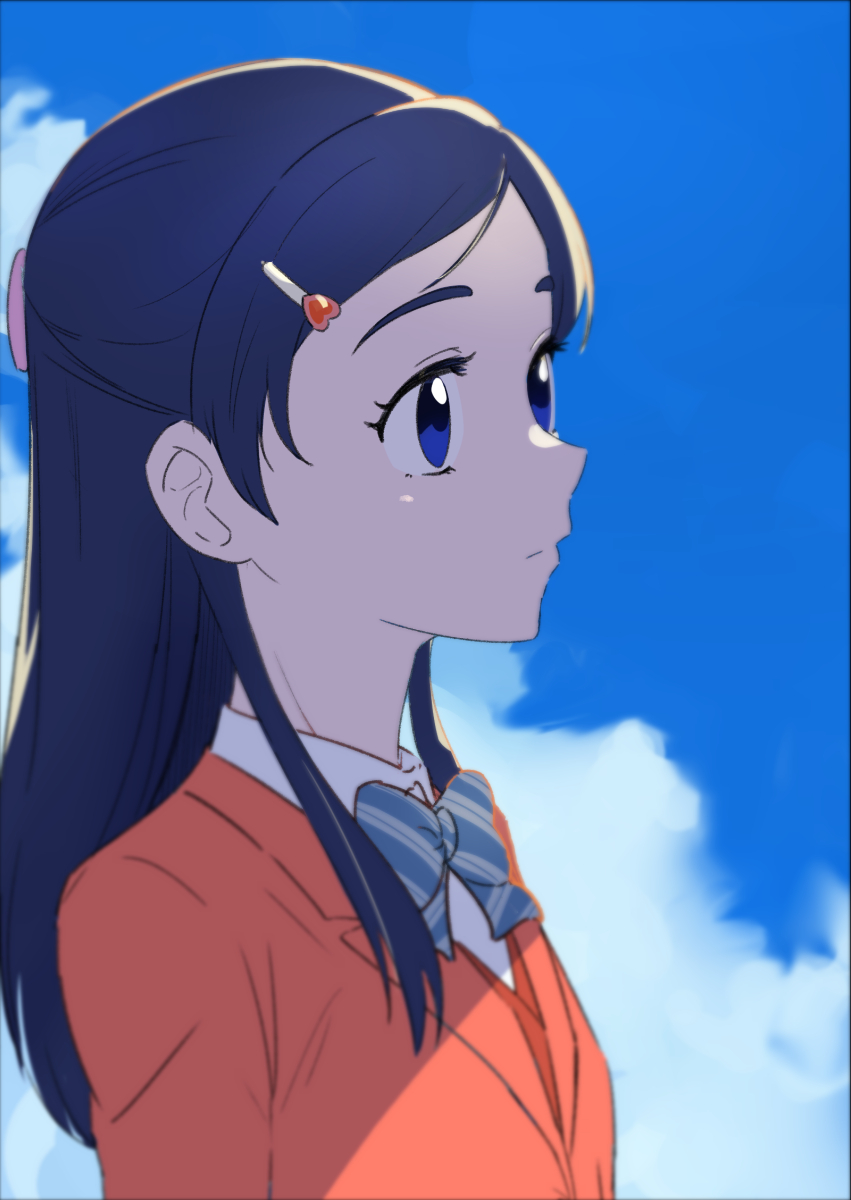 1girl, ankou_kyoudai, blue_eyes, blue_hair, blue_sky, bow, bowtie, closed_mouth