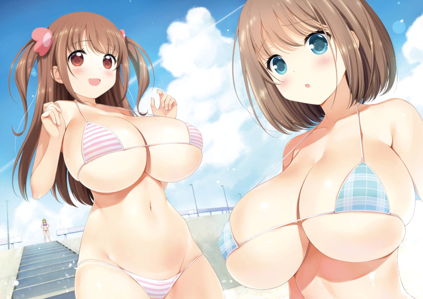 2girls, :d, :o, absurdres, bare_arms, beach, bikini, blue_bikini, blue_eyes, blue_sky, breasts, brown_eyes, brown_hair, cleavage, cloud, collarbone, contrail, hair_ornament, highres, huge_breasts, kobayashi_ritz, lamppost, long_hair, looking_at_viewer, mizuhara_hayari, multiple_girls, navel, official_art, open_mouth, outdoors, pink_bikini, railing, saki_(manga), short_hair, sitting, sky, smile, stairs, standing, stomach, striped_bikini, striped_clothes, swimsuit, underboob, unozawa_shiori