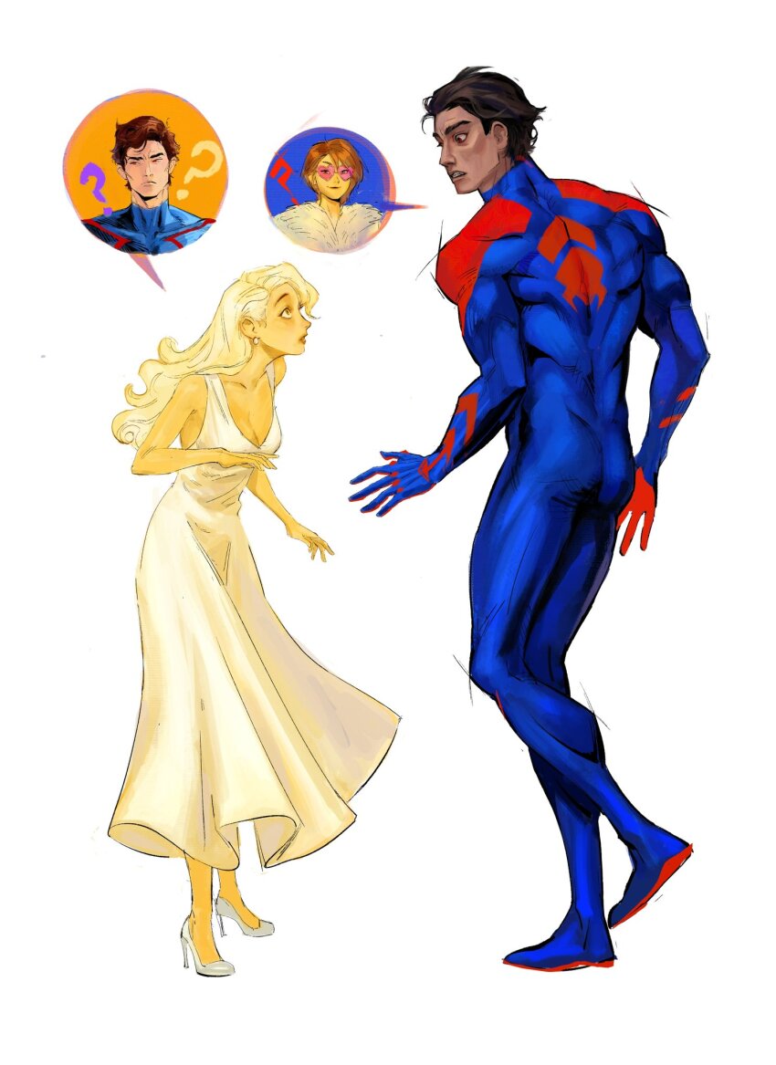 1boy, 1girl, animal_print, blue_bodysuit, bodysuit, broad_shoulders, brown_hair, cheekbones, crossover, dark-skinned_male, dark_skin, dual_persona, glowing_bodysuit, hair_slicked_back, heart, heart-shaped_eyewear, highres, large_pectorals, lyla_(marvel), marvel, miguel_o'hara, multicolored_bodysuit, muscular, muscular_male, opaque_sunglasses, pectorals, print_bodysuit, red_bodysuit, red_eyes, short_hair, skin_tight, spider-man:_across_the_spider-verse, spider-man_(2099), spider-man_(series), spider-verse, spider_print, two-tone_bodysuit, yesorchilly