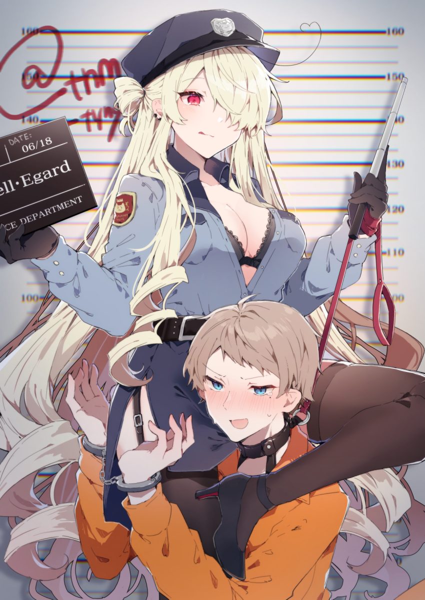 1boy, 1girl, :d, :q, ahoge, astel_(ikeuchi_tanuma), baton_(weapon), belt