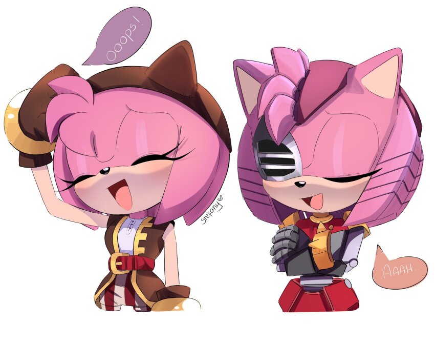 2girls, amy_rose, animal_ears, animal_nose, arm_up, armor, artist_name, bare_shoulders