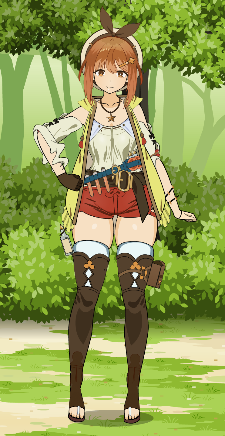 1girl, atelier_(series), atelier_ryza, atelier_ryza_1, belt, bonnet, boots, bottle, bracelet, breasts, brown_belt, brown_boots, brown_eyes, brown_gloves, brown_hair, detached_sleeves, flask, full_body, gloves, high_heel_boots, high_heels, highres, jacket, jewelry, kisekae, leather_belt, medium_breasts, necklace, nomelet01, open-toe_boots, red_shorts, reisalin_stout, round-bottom_flask, self-upload, short_hair, short_shorts, shorts, single_glove, sleeveless, sleeveless_jacket, solo, tank_top, thigh_boots, thighhighs, torn_clothes, torn_sleeves, vial, white_boots, white_headwear, yellow_jacket, zettai_ryouiki
