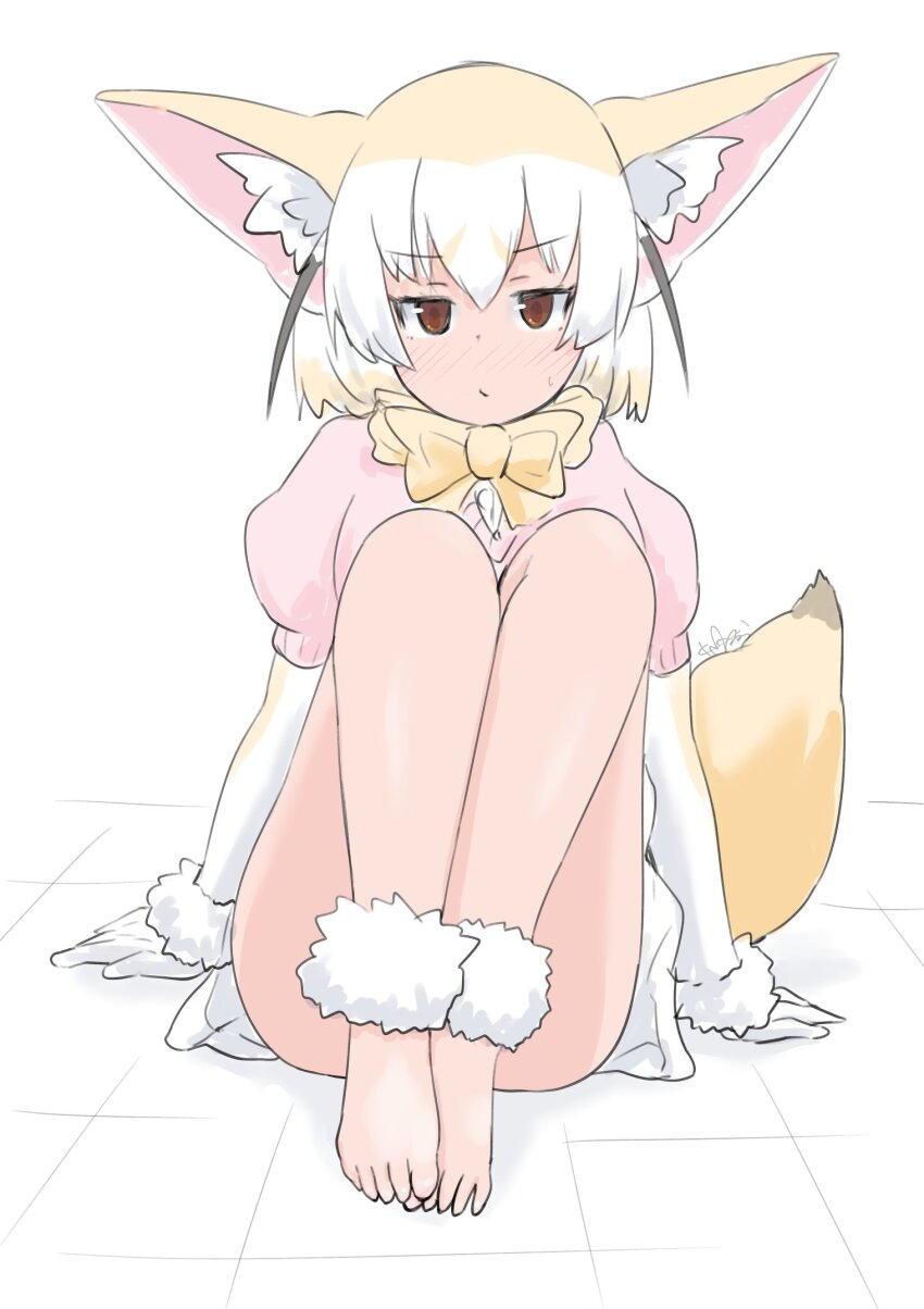 1girl, animal_ears, bare_legs, barefoot, blonde_hair, blush, bow, bowtie