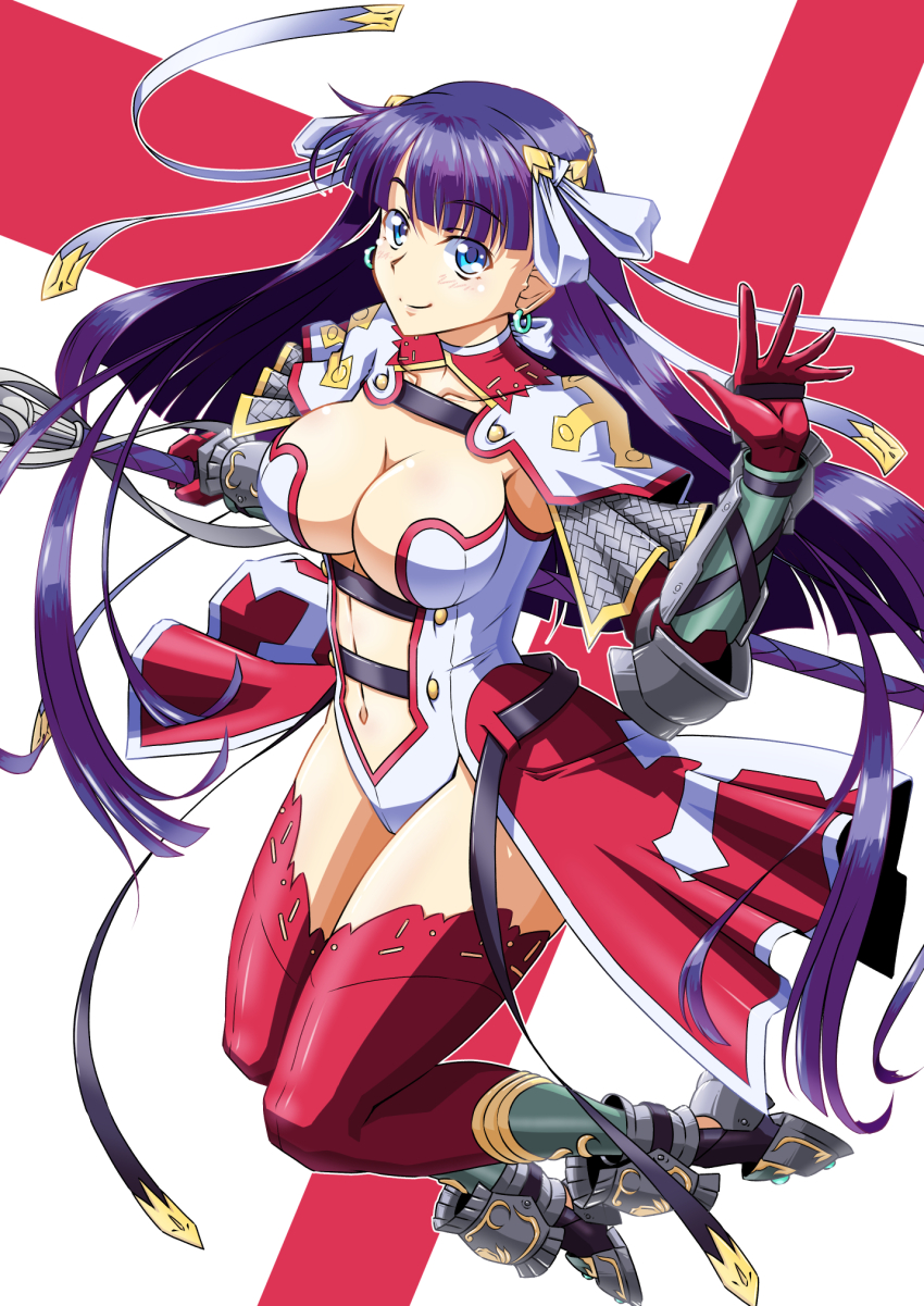 1girl, blue_eyes, blunt_bangs, breasts, center_opening, earrings, fate/grand_order, fate_(series), gauntlets, gloves, hair_ribbon, highres, holding, holding_staff, hoop_earrings, jewelry, large_breasts, leotard, long_hair, looking_at_viewer, martha_(fate), martha_(third_ascension)_(fate), purple_hair, red_gloves, ribbon, rofu_get, smile, solo, staff, straight_hair, very_long_hair, white_leotard, white_ribbon