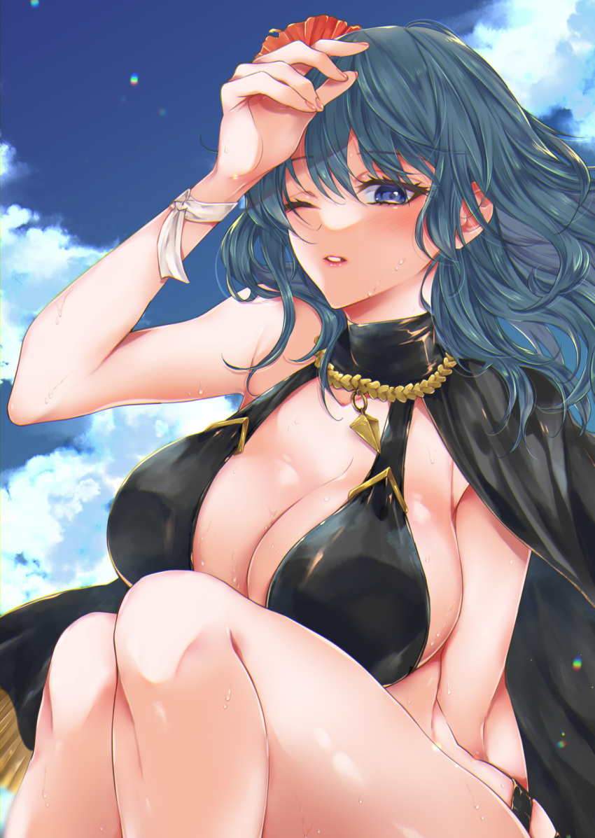 1girl, bikini, black_cape, blue_eyes, breasts, female_byleth_(fire_emblem), female_byleth_(summer)_(fire_emblem), cape, feet_out_of_frame, fire_emblem, fire_emblem:_three_houses, green_hair, hair_ornament, highres, knees_up, large_breasts, legs, mokichi_xx, nintendo, one_eye_closed, ribbon, short_hair, sitting, solo, swimsuit
